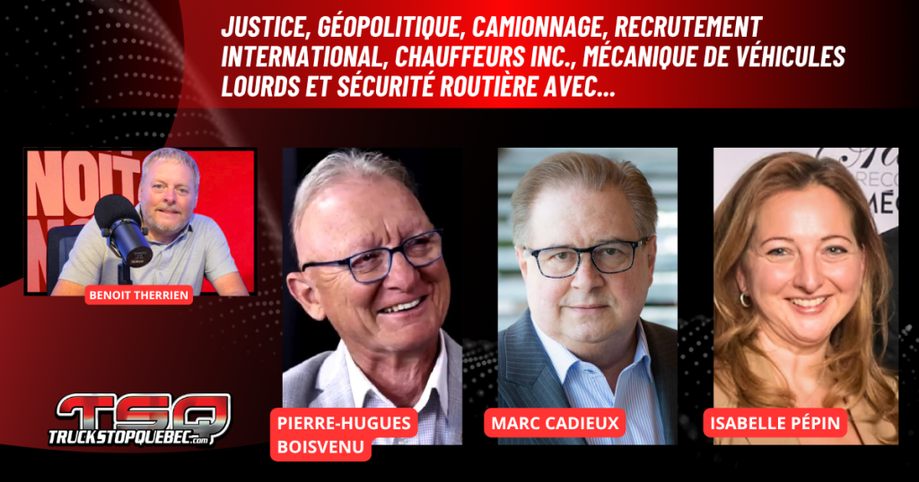 Pierre-Hugues Boisvenu, Marc Cadieux et Isabelle Pépin au micro de Benoit Therrien, expert en transport, sur la radio des camionneurs de Truck Stop Québec.