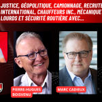Pierre-Hugues Boisvenu, Marc Cadieux et Isabelle Pépin au micro de Benoit Therrien, expert en transport, sur la radio des camionneurs de Truck Stop Québec.
