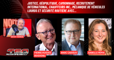 Pierre-Hugues Boisvenu, Marc Cadieux et Isabelle Pépin au micro de Benoit Therrien, expert en transport, sur la radio des camionneurs de Truck Stop Québec.