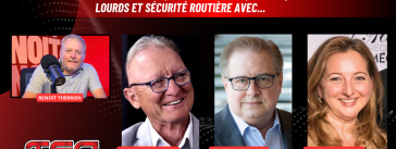 Pierre-Hugues Boisvenu, Marc Cadieux et Isabelle Pépin au micro de Benoit Therrien, expert en transport, sur la radio des camionneurs de Truck Stop Québec.