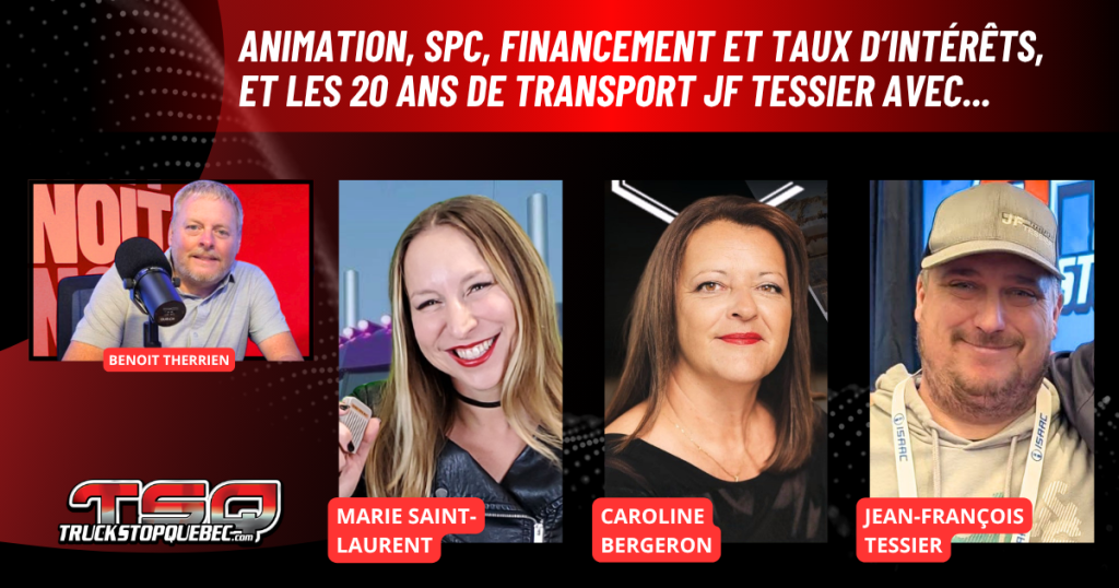 Marie Saint-Laurent, Caroline Bergeron, Jean-François Tessier au micro de Benoit Therrien pour parler du camionnage sur Truck Stop Québec.