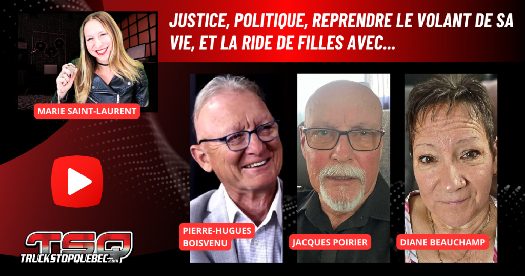Pierre-Hugues Boisvenu, Jacques Poirier, Diane Beauchamp au micro de Marie Saint-Laurent sur la radio des camionneurs de Truck Stop Québec.