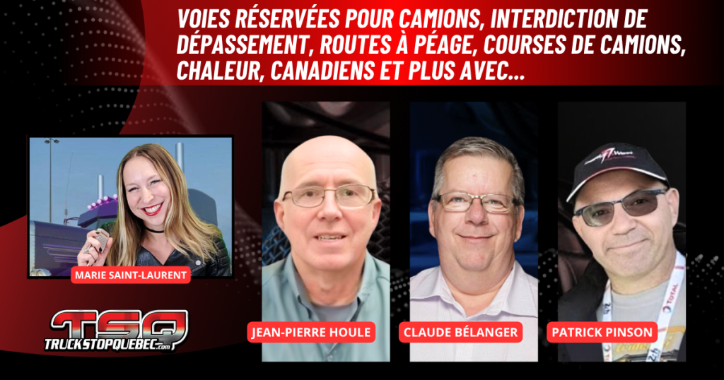 Jean-Pierre Houle, Claude Bélanger et Patrick Pinson au micro de Marie Saint-Laurent sur la radio des Camionneurs de Truck Stop Québec.