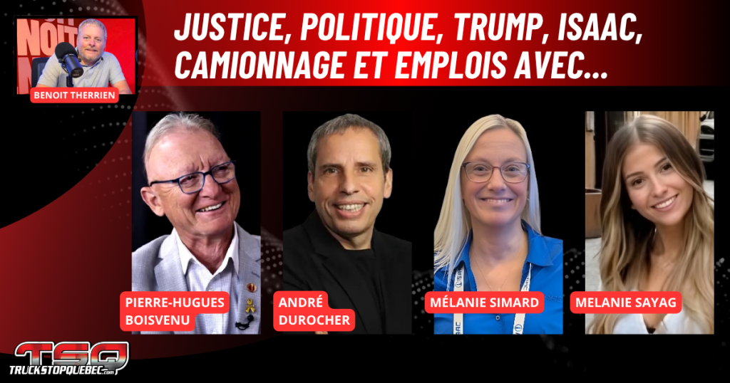 Pierre-Hugues Boisvenu, André Durocher, Mélanie Simard et Melanie Sayag au micro de Benoit Therrien, la radio des camionneurs de Truck Stop Québec.