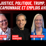 Pierre-Hugues Boisvenu, André Durocher, Mélanie Simard et Melanie Sayag au micro de Benoit Therrien, la radio des camionneurs de Truck Stop Québec.