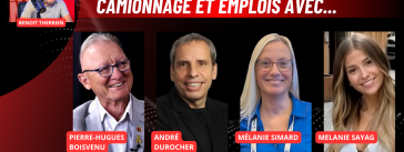 Pierre-Hugues Boisvenu, André Durocher, Mélanie Simard et Melanie Sayag au micro de Benoit Therrien, la radio des camionneurs de Truck Stop Québec.