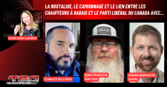 Charles Pellerin, Jean-François Maltais et Xavier Barsalou Duval du Bloc Québécois au micro de Marie St-Laurent, sur la radio des camionneurs de Truck Stop Québec - contenu spécialisé en transport - camionnage.