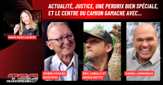 Pierre-Hugues Boisvenu, Éric Labelle, Angelinotte et Daniel Lamanque au micro de Marie Saint-Laurent sur Truck Stop Québec.