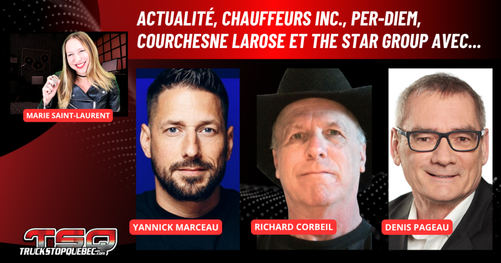 Yannick Marceau, Richard Corbeil et Denis Pageau au micro de Marie Saint-Laurent sur Truck Stop Québec.