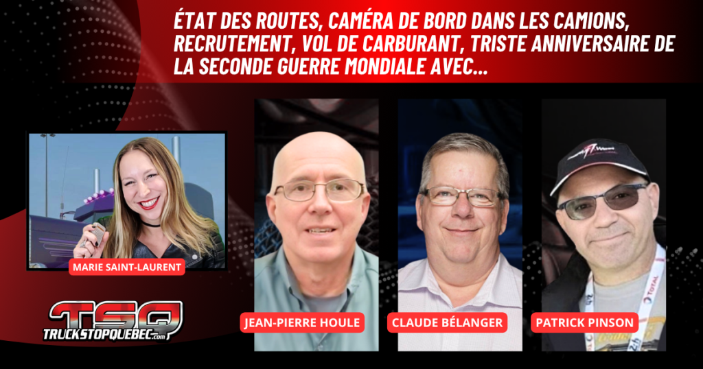 Jean-Pierre Houle, Claude Bélanger et Patrick Pinson au micro de Marie Saint-Laurent sur la radio des camionneurs de Truck Stop Québec.
