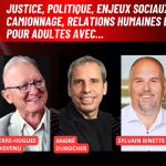 Pierre-Hugues Boisvenu, André Durocher et Sylvain Binette d'ISAAC Instruments, et Marie Élyse Blais au micro de Marie Saint-Laurent sur la radio des camionneurs de Truck Stop Québec.