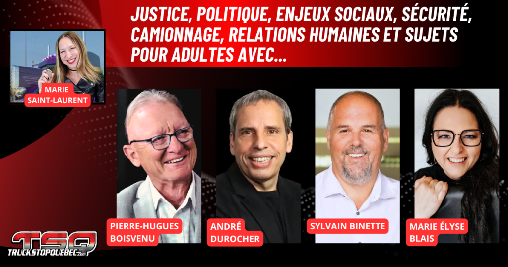 Pierre-Hugues Boisvenu, André Durocher et Sylvain Binette d'ISAAC Instruments, et Marie Élyse Blais au micro de Marie Saint-Laurent sur la radio des camionneurs de Truck Stop Québec.