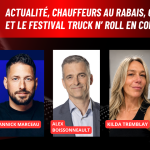 Photos de Yannick Marceau, Alex Boissonneault du PQ, Kilda Tremblay et Marco Lamoureux, qui discutent avec Benoit Therrien sur la radio des camionneurs de Truck Stop Québec.