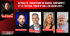 Photos de Yannick Marceau, Alex Boissonneault du PQ, Kilda Tremblay et Marco Lamoureux, qui discutent avec Benoit Therrien sur la radio des camionneurs de Truck Stop Québec.