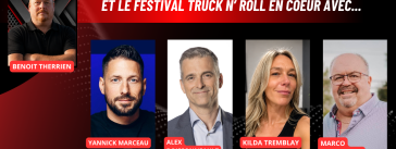 Photos de Yannick Marceau, Alex Boissonneault du PQ, Kilda Tremblay et Marco Lamoureux, qui discutent avec Benoit Therrien sur la radio des camionneurs de Truck Stop Québec.