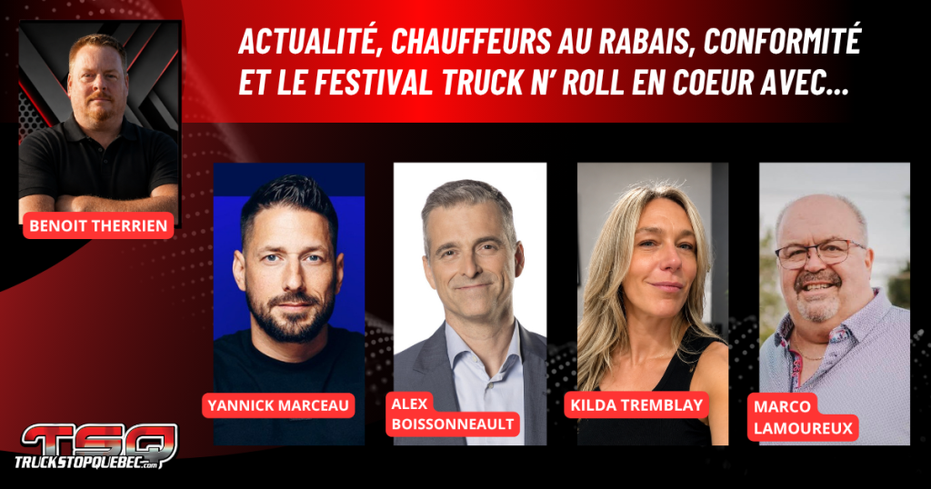 Photos de Yannick Marceau, Alex Boissonneault du PQ, Kilda Tremblay et Marco Lamoureux, qui discutent avec Benoit Therrien sur la radio des camionneurs de Truck Stop Québec.