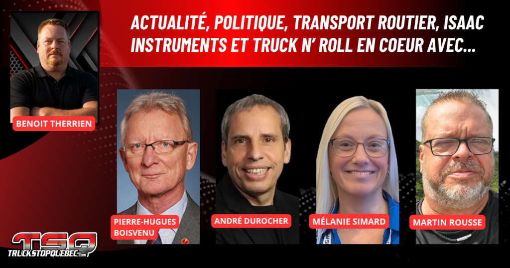 Pierre-Hugues Boisvenu, André Durocher et Mélanie Simard d'ISAAC Instruments et Martin Rousse, au micro de Benoit Therrien sur la radio des camionneurs.
