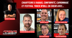 Xavier Barsalou-Duval, André Tardif, Guylaine Brûlé, Gaston Gendron et Mallory Robillard au micro de Benoit Therrien sur la radio des camionneurs de Truck Stop Québec.